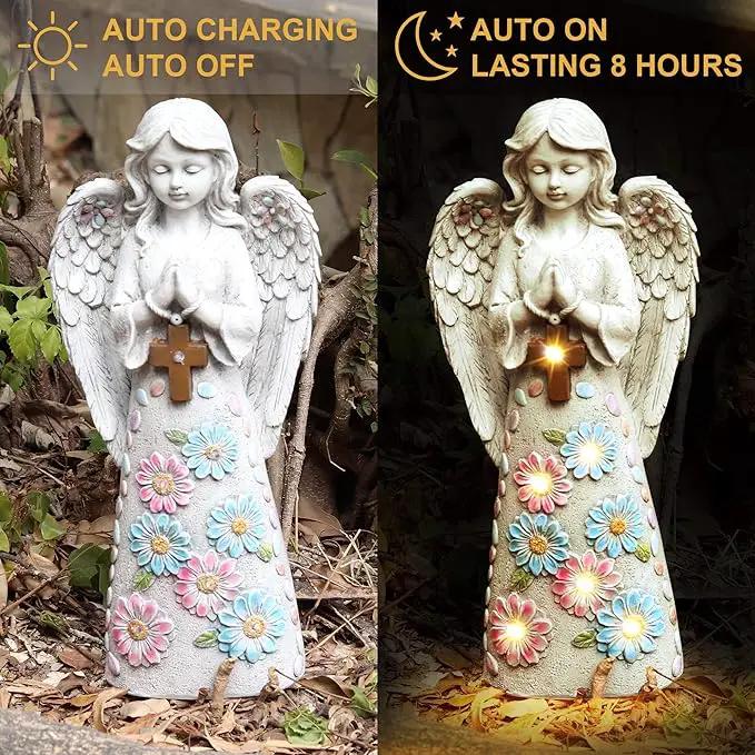 Angel Garden Figurine Outdoor Statue, Solar Garden Sculpture with 7 LEDs Welcome Sign Resin Praying Angel Art Decor for Patio Lawn Yard Porch Decoration, Housewarming Gift by GreenHaven Gardens