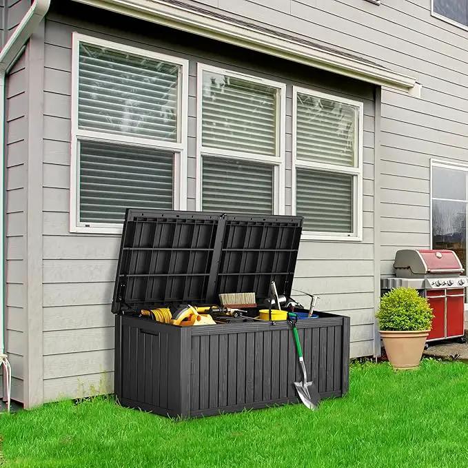 180 Gallon Lockable Resin Deck Box, Waterproof & UV-Resistant Outdoor Storage Box for Outdoor Cushion Storage, Garden Tools & Pool Accessories Storage, Black by GreenHaven Gardens