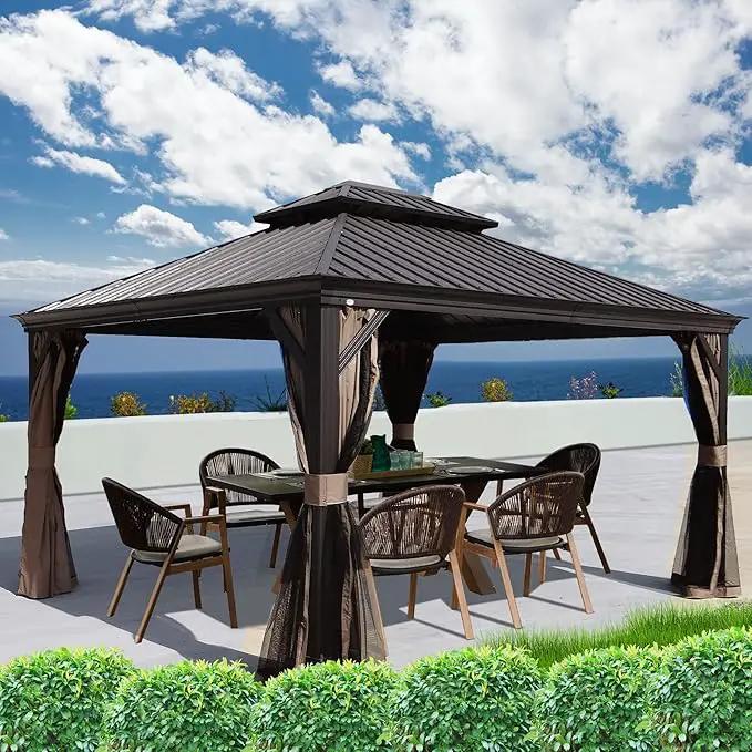 Kozyard Alexander Hardtop Aluminum Permanent Gazebo with a Mosquito Net and Privacy Sidewalls (Alexander 12'x14' (Brown) by GreenHaven Gardens
