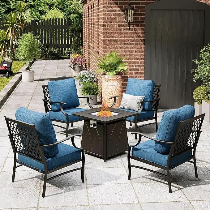 Patio Furniture Set with Fire Pit Table, 5 Pcs Metal Outdoor Conversation Set, 4 Single Chairs with 5.75" Extra Thick Cushion and 28" Fire Pit Table for Backyard Deck, Green Blue by GreenHaven Gardens