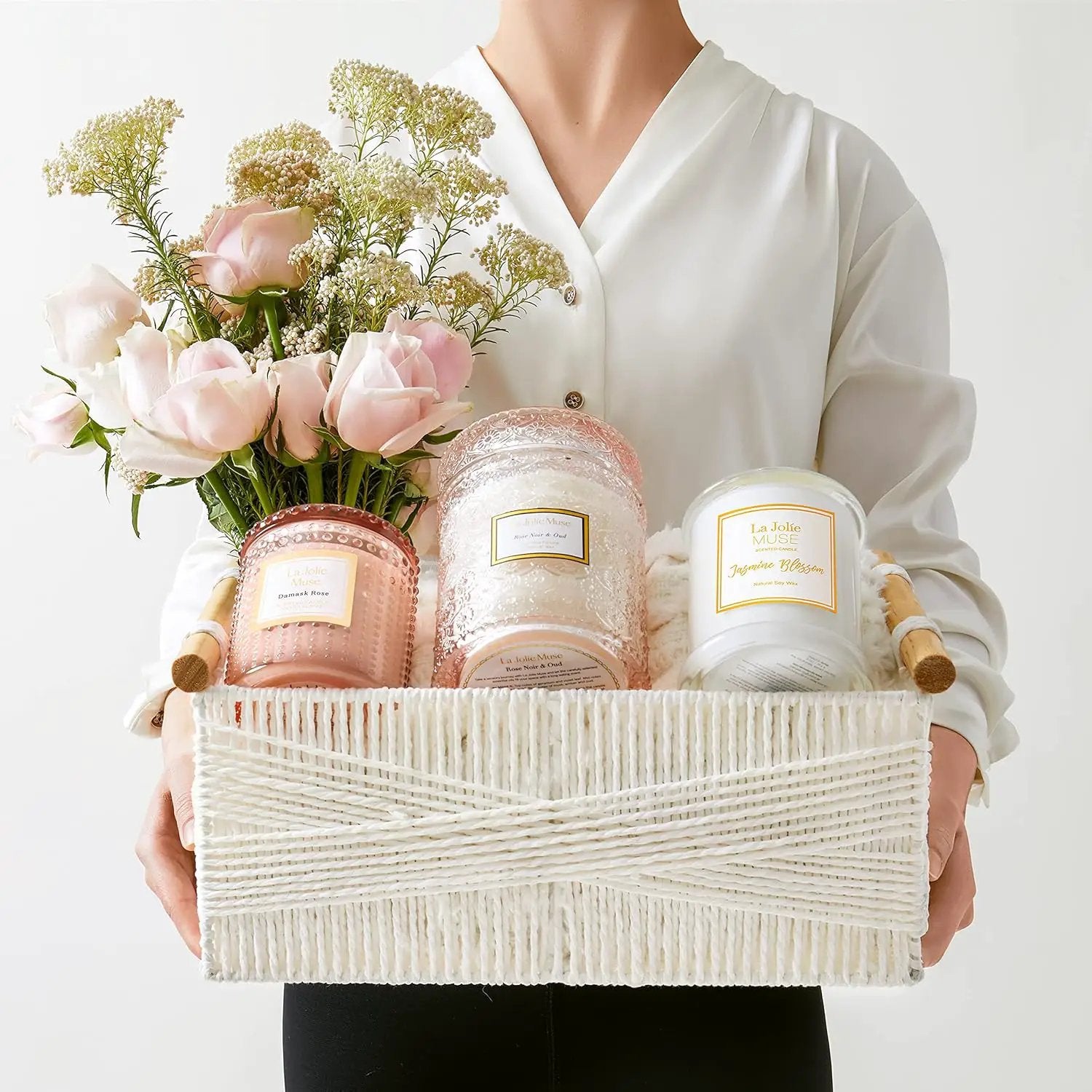 LA JOLIE MUSE Wicker Storage Baskets for Organizing, Recyclable Paper Rope Basket with Wood Handles, Decorative Hand Woven Basket Organizers for Makeup Books Shelves Living Room, White, Set of 2 by GreenHaven Gardens