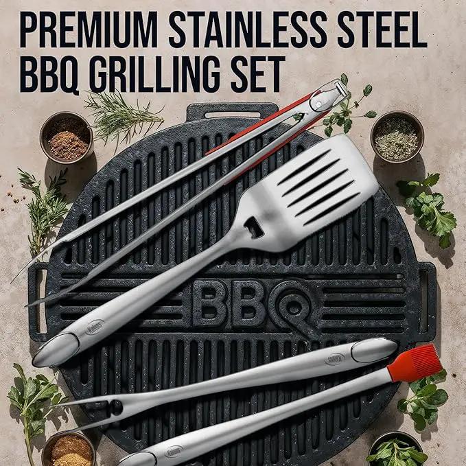 Kaluns BBQ Grilling Accessories, Grilling Gifts for Men Dad, Grill Tools for Outdoor Grill, Heavy Duty Stainless Steel Grill Set with Spatula, Tongs, Fork, Brush, & Grilling Mat, Best BBQ Gifts by GreenHaven Gardens