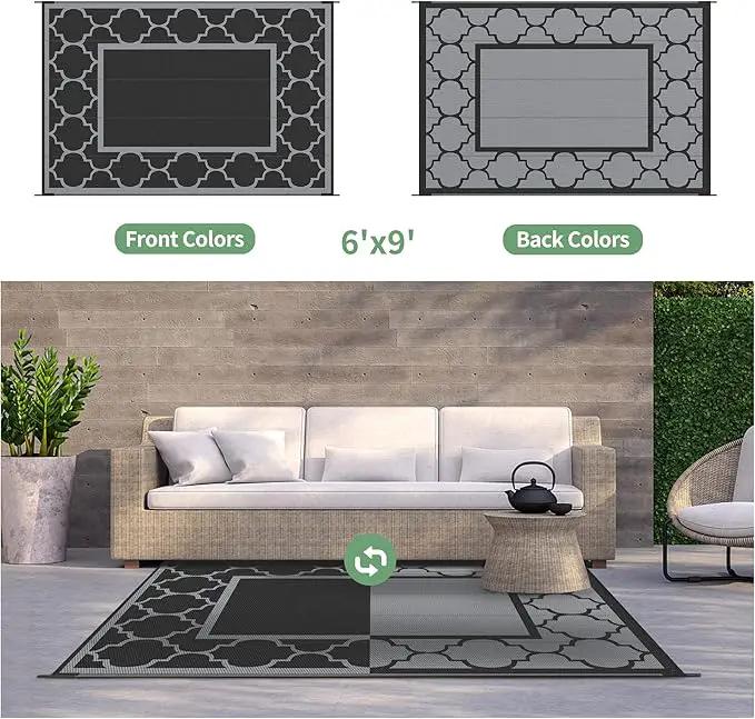 GENIMO 6' x 9' Outdoor Rug Waterproof for Patio Decor, Foldable Reversible Plastic Straw Area Rugs Mat for Camper, Outside Carpet for Rv, Deck, Porch, Picnic, Beach, Balcony, Black & Grey by GreenHaven Gardens