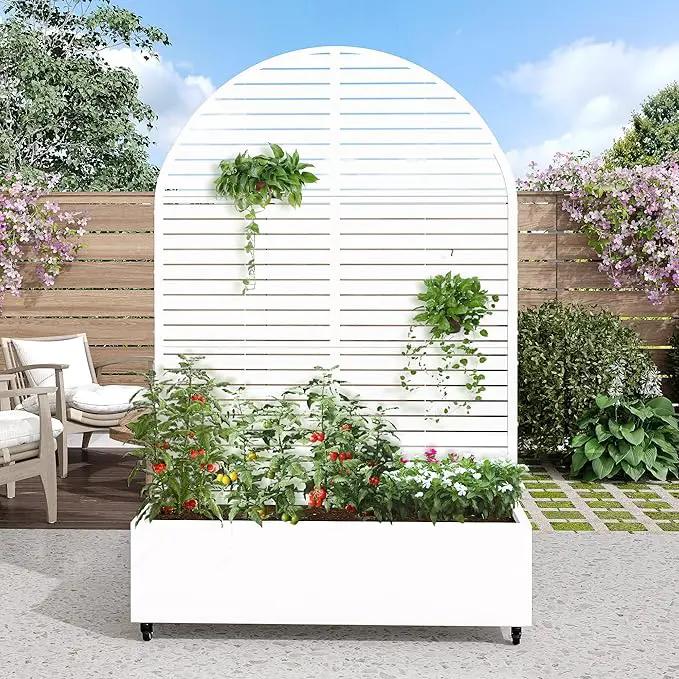 Casaphoria Metal Raised Garden Bed with Trellis and Wheels, 72"x47"x16" Arched Planter Box for Climbing Plants, Vegetables & Vines, Features Drainage Holes and Privacy Screen (White-Louvered) by GreenHaven Gardens