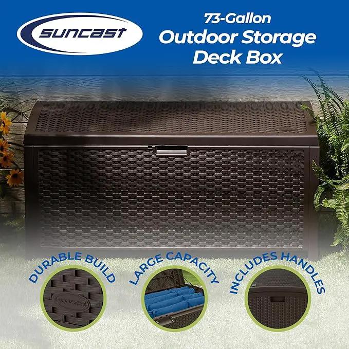 Suncast Outdoor Storage Box - 73 Gallon Mocha Brown Deck Box for Patio, Waterproof Outdoor Storage Bench, Resin Wicker Style, Heavy-Duty, Lockable Lid for Cushions, Shoes, Pool & Garden Gear by GreenHaven Gardens