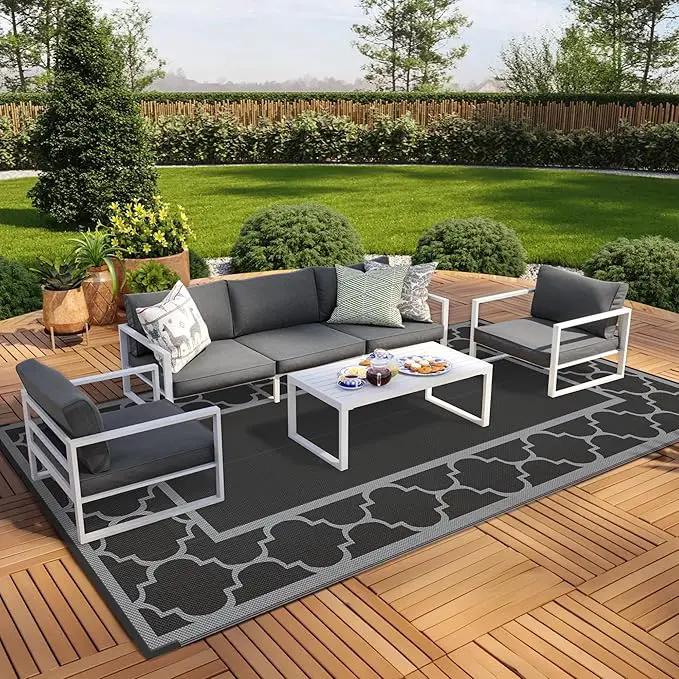 GENIMO 9' x 18' Outdoor Rug Waterproof for Patio, Foldable Reversible Plastic Straw Area Rugs Mat for Rv Decor, Outside Carpet for Camper, Deck, Picnic, Beach, Balcony, Porch, Black & Grey by GreenHaven Gardens