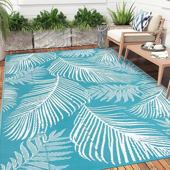 Pauwer Waterproof Outdoor Rug 6x9, Reversible Plastic Straw Patio Camping Rug, Indoor Outdoor RV Mat Carpet for Deck, Camper, Porch, Balcony, Backyard, Picnic, Leaf Teal by GreenHaven Gardens