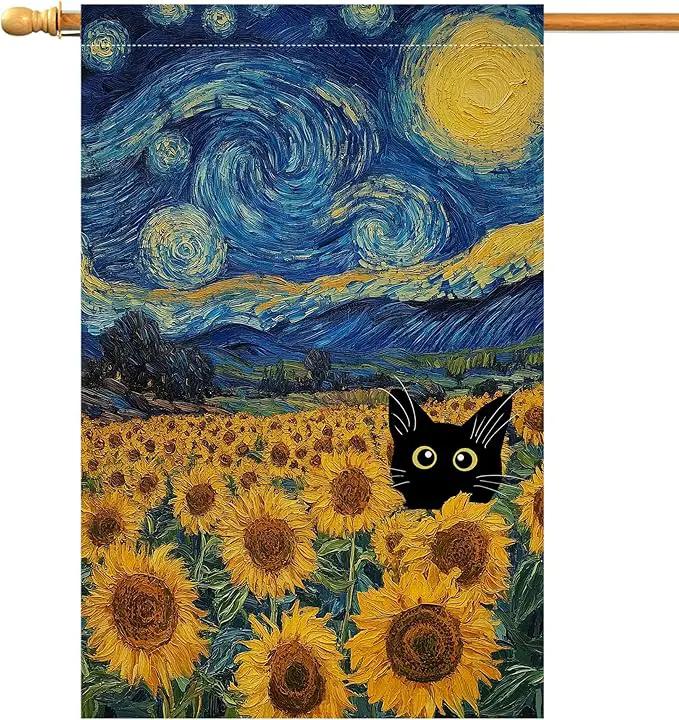 BLKWHT Summer Sunflower Cat House Flag 28x40 Vertical Double Sided Blue Sky Welcome Farmhouse Holiday Outside Decorations Burlap Yard Flag BW822-40 by GreenHaven Gardens