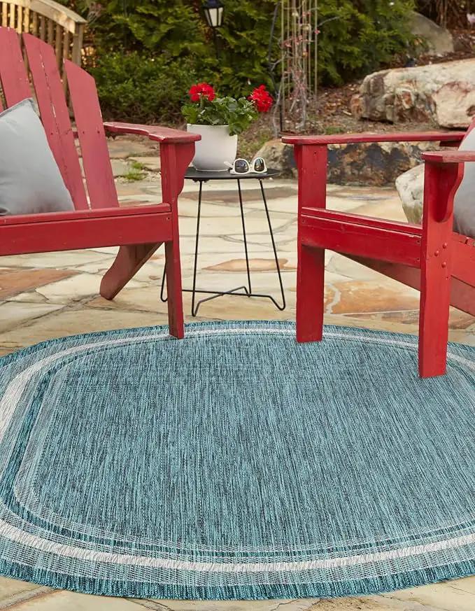 Unique Loom Outdoor Border Collection Area Rug - Soft Border (5' 1" x 8' Oval, Teal/ Ivory) by GreenHaven Gardens