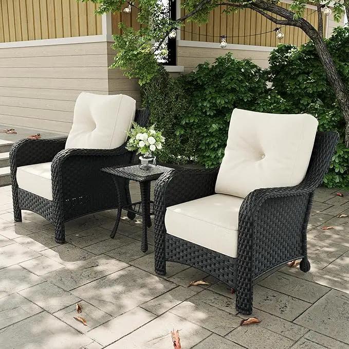 3 Pieces Outdoor Patio Furniture Sets with Single Chairs with 6-inch Thick Cushion and Side Table for Deck Lawn by GreenHaven Gardens