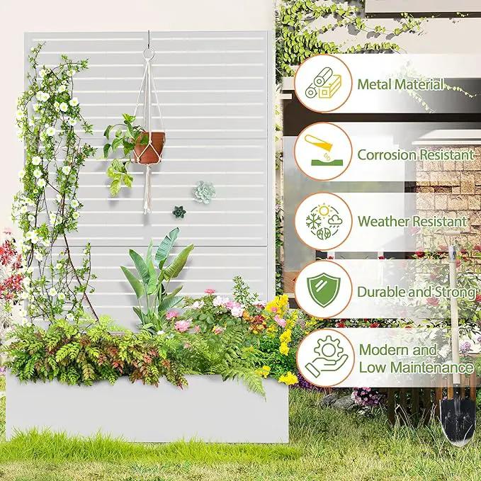 Trellis for Climbing Plants Outdoor，Mental Garden Bed with Drainage Holes Outdoor Privacy Screen Design Tall planters for herb Flower Vegetables 73"x47"x16", White-Louvered by GreenHaven Gardens