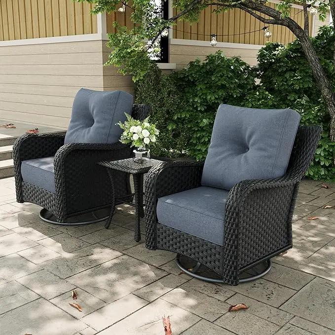 3 Pieces Outdoor Patio Furniture Sets with Rocking Swivel Chairs with 6-inch Thick Cushion and Side Table for Deck Lawn by GreenHaven Gardens