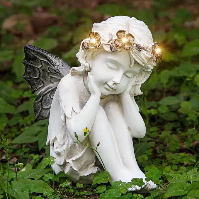 Leekung Ivory White Resin Sculpture, Angel Figurine with Solar Powered Lights for Outdoor Decor, Garden Decorations & Memorial Gifts by GreenHaven Gardens