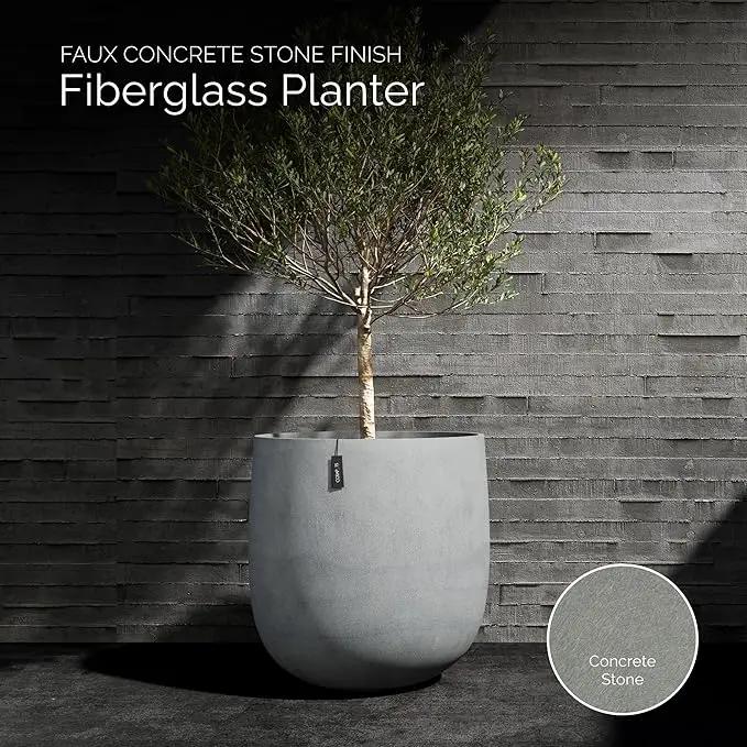 Mondo Large Planter – Concrete Stone Finish – Fiberglass Indoor/Outdoor and Weather-Resistant Round Planter (19.7" D x 19.1" H Exterior, 18.5" D x 18.5" H Interior) by GreenHaven Gardens