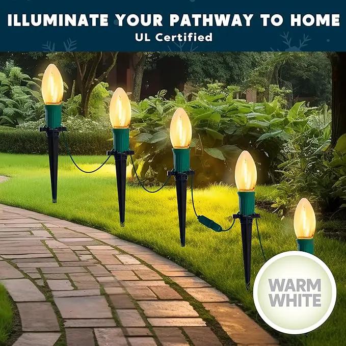 Joiedomi 30.75FT C9 Christmas Pathway Stake Lights 24 LED Jumbo Bulbs, Warm White Outdoor Walkway Decor with Green Wire Connectable for Holiday Commercial Xmas Yard Garden Lawn by GreenHaven Gardens