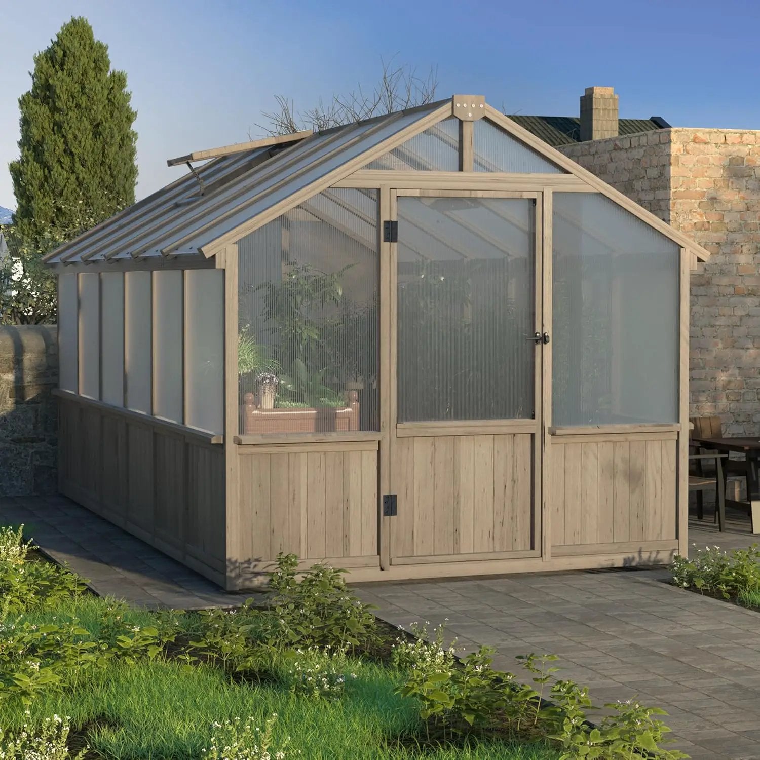 MUPATER 8' x 12' Outdoors Walk-in Greenhouse, Wood Greenhouse with Ventilated Window and Lockable Door, 6mm Polycarbonate Panels for UV Protection and Heat Insulation,Suitable for Patio, Backyard by GreenHaven Gardens