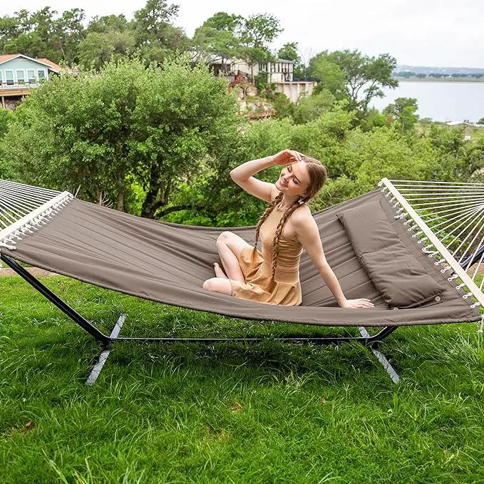 SUNCREAT 55 Inch Extra Large Double Hammock with 12 ft Stand, 475lbs Capacity, Outdoor Portable Hammock with Hardwood Spreader Bar, Extra Large Pillow, Brown by GreenHaven Gardens