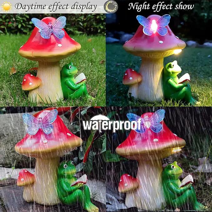 Solar Frog Mushroom Garden Statues,Resin Frog Mushroom Reading a Book Figurine with LED Solar Lights, Lawn Decor Outdoor Statue for Patio,Balcony,Yard,Lawn Ornament by GreenHaven Gardens