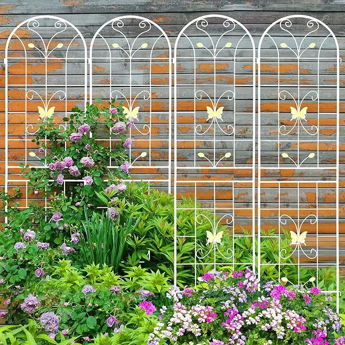 4 Pack Metal Garden Trellis 86.7" White Fence Rustproof Garden Trellis for Climbing Plants Support Roses Flower Outdoor Lawn, Cream White by GreenHaven Gardens