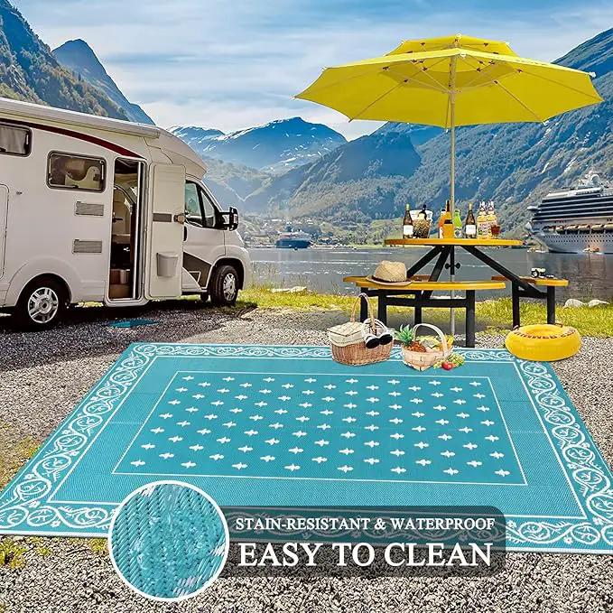 Pauwer Waterproof Outdoor Rug 8x10, Reversible Plastic Straw Patio Camping Rug, Indoor Outdoor RV Mat Carpet for Deck, Camper, Porch, Balcony, Backyard, Picnic, Bordered Teal by GreenHaven Gardens