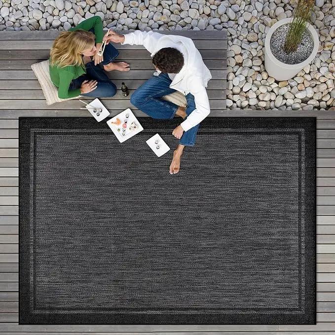 CAMILSON Indoor Outdoor Rug, 5x7 Bordered Dark Grey Black Modern Area Rugs for Indoor and Outdoor Patios, Kitchen and Hallway Mats, Washable Porch Deck Outside Carpet (Bordered Black, 5 x 7) by GreenHaven Gardens