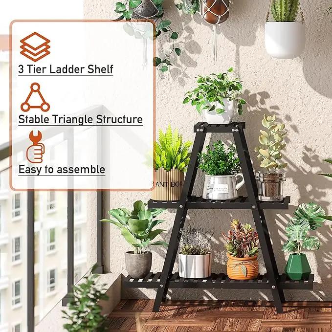 Plant Stand Indoor Plant Shelf Outdoor bamboo Plant Rack, 3 Tiers Ladder Plant Holder Flower Stand for Living Room Balcony Garden Patio,Living Room Boho Home Decor for Gardening Gifts (Black) by GreenHaven Gardens