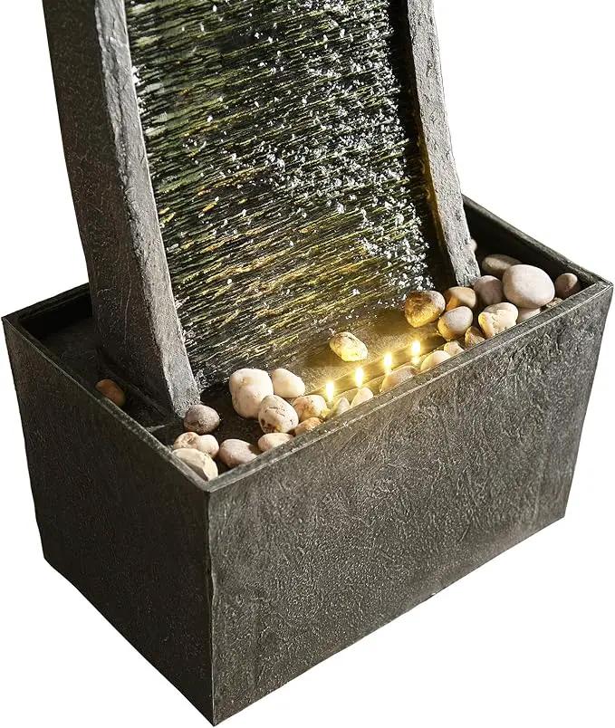 Teamson Home 38.58 in. Modern Curved Faux Slate Waterfall Fountain for Indoors or Outdoors with LED Light Accents and 1.98-Gallon Pump, Black and Stone Gray by GreenHaven Gardens
