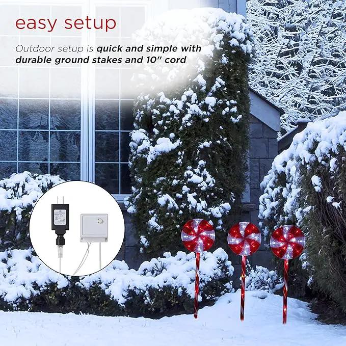 Alpine Corporation 28" H Outdoor Candy Cane Yard Stakes with Red and White LED Lights (Set of 3), Christmas Decoration by GreenHaven Gardens