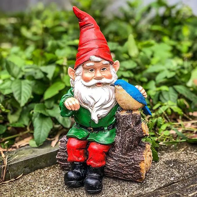 Garden Gnome Statues with Bird Resin Sculpture Gnome Sitting on The Stump Outdoor Statues for Outdoor Garden Decor by GreenHaven Gardens