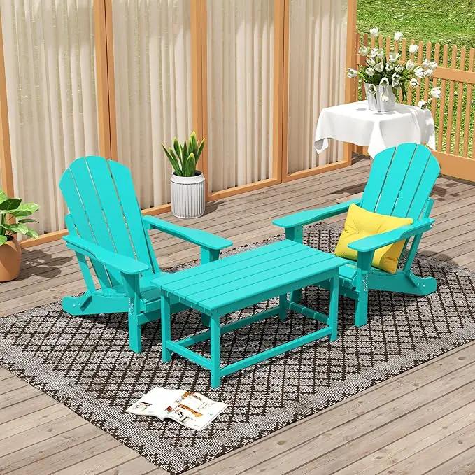 WO Home Furniture Adirondack Chairs Table Set of 3 PCS Outdoor Folding Chairs Coffee Table Weather/UV Resistant for Lawn, Garden, Bon Fire, Balcony (Turquoise) by GreenHaven Gardens