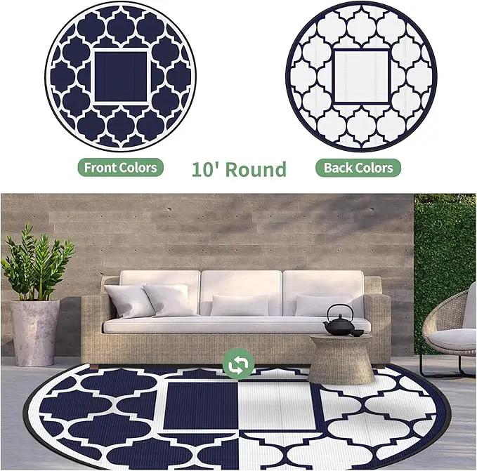 GENIMO 10 ' Round Outdoor Rug for Patio, Waterproof Indoor Outdoor Plastic Straw Rugs Carpet, Reversible Outside Area Mat for Camping, Balcony Porch, Deck, Picnic, Blue White by GreenHaven Gardens