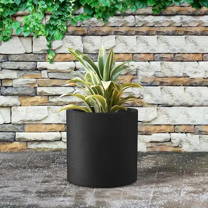 Kante 12.6" Dia Round Concrete Planter, Modern Style Large Cylindrical Plant Pot with Drainage Hole and Rubber Plug for Indoor Outdoor Patio, Black by GreenHaven Gardens