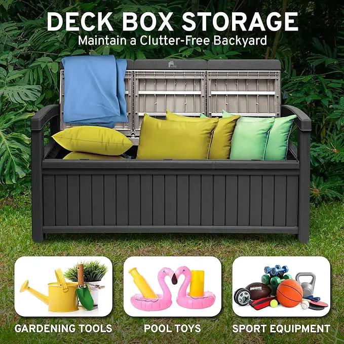 EconoHome 3 Seat Outdoor Storage Bench with Rain Cover - 90 Gallon Capacity - Weatherproof Resin Bench for Patio, Porch, Garden, Yard, Pool Area - Furniture for Pool Accessories, Gardening Tools by GreenHaven Gardens