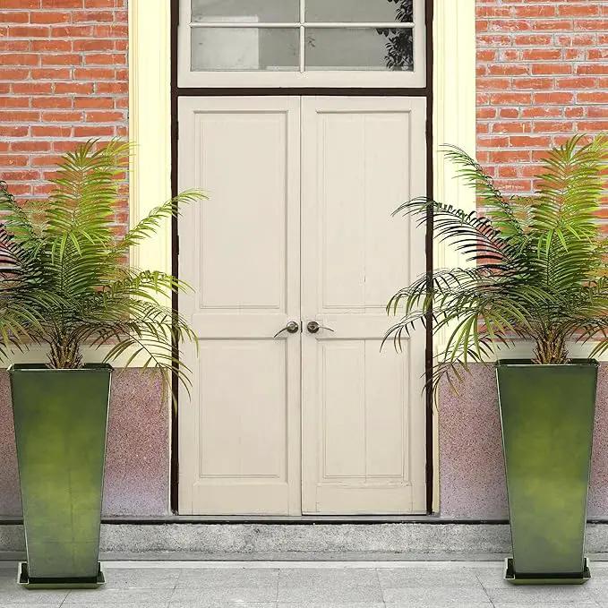 KOL Galvanized Steel Planter 25''H. with Saucer, Bright Glazed Planter with Drainage Hole, Set of 2, Tall Pots for Indoor & Outdoor Use, Decorative Flower Plant Pots for Porch, Patio, Deck - Green by GreenHaven Gardens