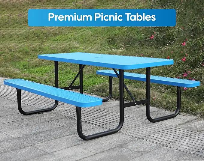 6FT Metal Picnic Tables for Outdoors, Commercial Rectangular Picnic Table and Bench Set for Outside, Patio, Garden, Backyard, Porch, Surface Mount, Blue by GreenHaven Gardens