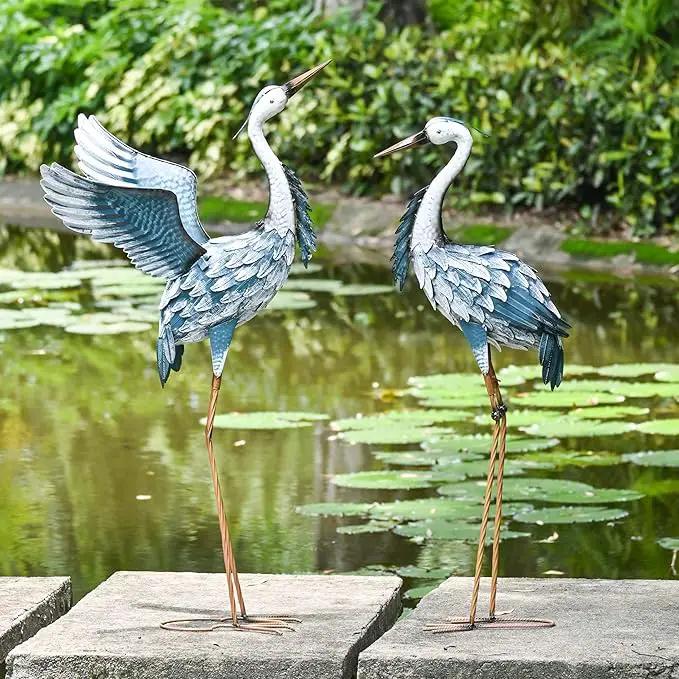 TERESA'S COLLECTIONS Garden Decor Blue Heron Yard Art, 38-42" Large Metal Cranes Sculptures & Statues Decoy for Outdoor Indoor Decorations, Outside Patio, Pool, Lawn, Set of 2, Spring,Gift for Mom by GreenHaven Gardens