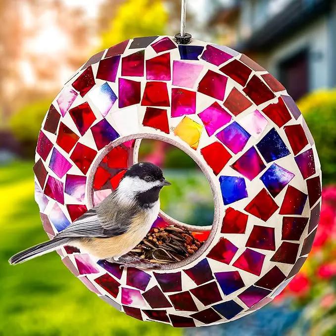Sunnydaze 6-Inch Glass Mosaic Hanging Bird Feeder for Outdoors - Fly-Through Wild Bird Feeder - Crimson Mosaic by GreenHaven Gardens