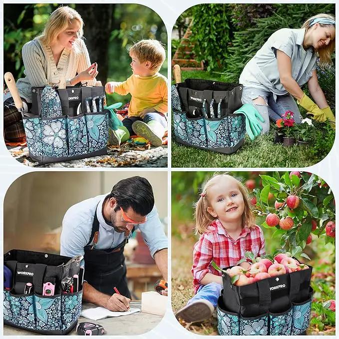 WORKPRO Garden Tool Bag, 9 Pockets Gardening Bag, Heavy Duty Oxford Garden Tote Caddy (Tools NOT Included), 12" x 12" x 6" (Floral Blue) by GreenHaven Gardens