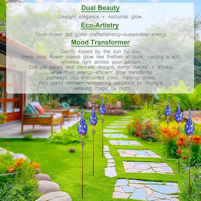 Solar Garden Lights, Decorative LED Flame Garden Stakes, Hand Blown Glass and Outdoor Waterproof Glass Stakes (Dark Blue) by GreenHaven Gardens