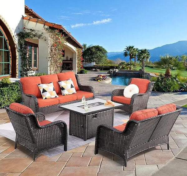 ovios 5 Pieces Patio Furniture Set with 42" Fire Pit Table, Outdoor Wicker Sofa with Loveseat, Comfy Cushions, High Back Couch Conversation Set, Brown Rattan, Orange Red