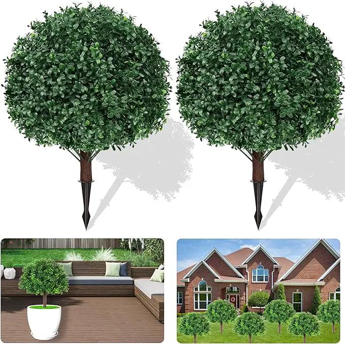 Artificial Boxwood Topiary Ball Trees, Set of 2 Artificial Boxwood Ball Bush Artificial Shrub Bushes UV Resistance Rated with Spike Fake Outdoor Plant for Front Door Decor, Home Decor, Garden by GreenHaven Gardens