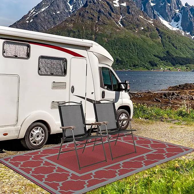 GENIMO 6' x 9' Outdoor Rug Waterproof for Patio Decor, Foldable Reversible Plastic Straw Area Rugs Mat for Camper, Outside Carpet for Rv, Deck, Porch, Picnic, Beach, Balcony, Red & Grey by GreenHaven Gardens