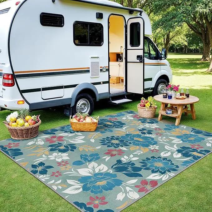 GENIMO Indoor Outdoor Area Rug 6' X 9' Waterproof, Washable Patio Rug Non Shedding, Easy Cleaning Floral Outdoor Carpet for Living Room, Bedroom, Dining Room, Balcony, Backyard, Deck, RV, Blue Grey by GreenHaven Gardens