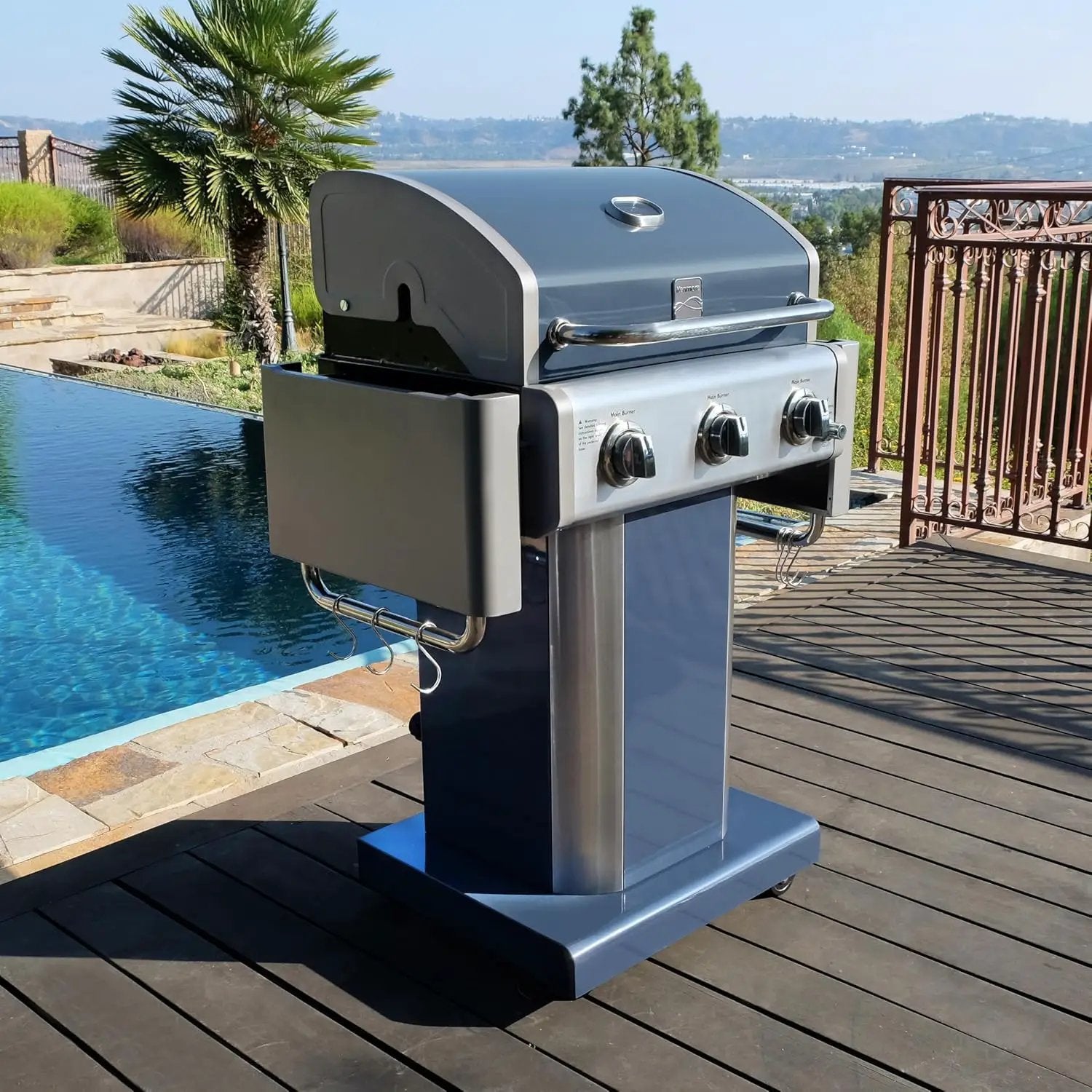 Kenmore 3-Burner Propane BBQ Grill, 30,000 BTUs Gas Grill with Cast Iron Cooking Grates, Folding Side Tables & Wheels, Outdoor Grill with Tool Hooks, Azure Blue by GreenHaven Gardens