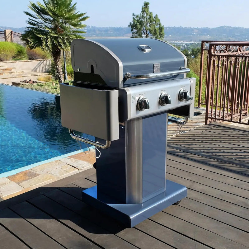 Kenmore 3-Burner Propane BBQ Grill, 30,000 BTUs Gas Grill with Cast Iron Cooking Grates, Folding Side Tables & Wheels, Outdoor Grill with Tool Hooks, Azure Blue by GreenHaven Gardens