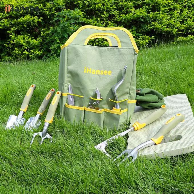 Set of 12 Garden Tool, iHansee Heavy-Duty Aluminum Gardening Hand Tools with Rubber Non-Slip Handle, Garden Apron, Gloves, Kneeling Pad and Storage Bag, Garden Hand Tools Starter Kit Landscaping Tools by GreenHaven Gardens