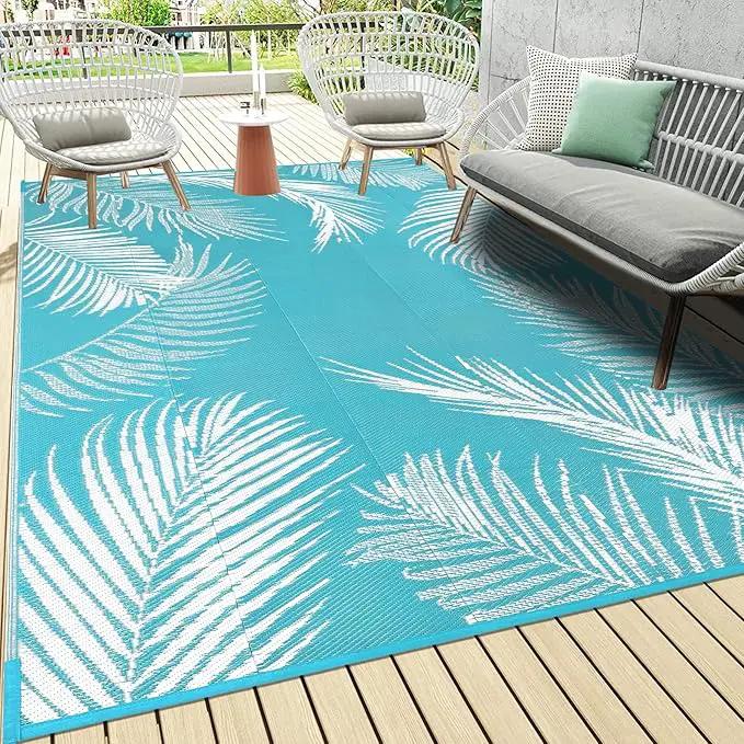 Pauwer Waterproof Outdoor Rug 6x9, Reversible Plastic Straw Patio Camping Rug, Indoor Outdoor RV Mat Carpet for Deck, Camper, Porch, Balcony, Backyard, Picnic, Leaf Teal by GreenHaven Gardens