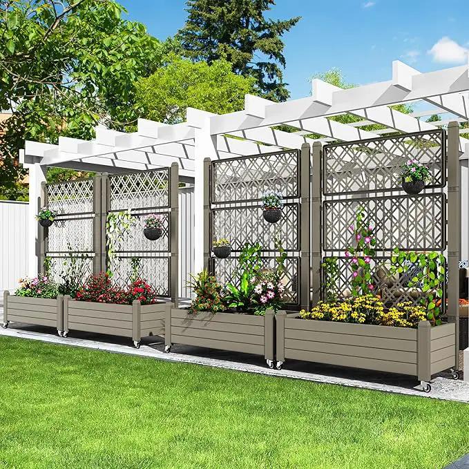 YITAHOME 3.6x1.5x5 FT Planter Box Trellis with Wheels, Large Outdoor Plastic Raised Garden Bed with Drain Plug for Climbing Plants, Light Brown by GreenHaven Gardens