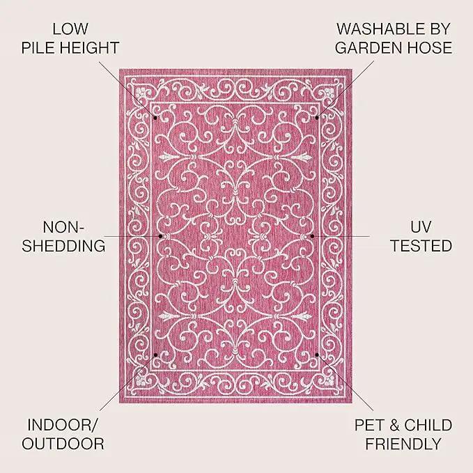 JONATHAN Y SMB106J-5R Charleston Vintage Filigree Textured Weave Indoor Outdoor Area Rug, Coastal, Bohemian, Classic Easy Clean,Bedroom,Kitchen,Backyard,Patio, Non-Shed, Fuchsia/Light Gray, 5' Round by GreenHaven Gardens