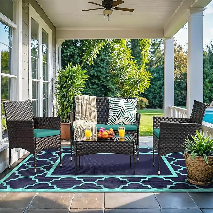 GENIMO 8 ' x 10 ' Outdoor Rug for Patio, Waterproof Indoor Outdoor Plastic Straw Rugs Carpet, Reversible Outside Area Mat for Camping, Balcony Porch, Deck, Picnic, Beach Navy Blue & Jade Green by GreenHaven Gardens